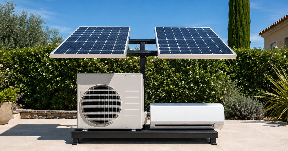 Installation de climatisation solaire avec deux panneaux photovoltaïques et une unité extérieure.