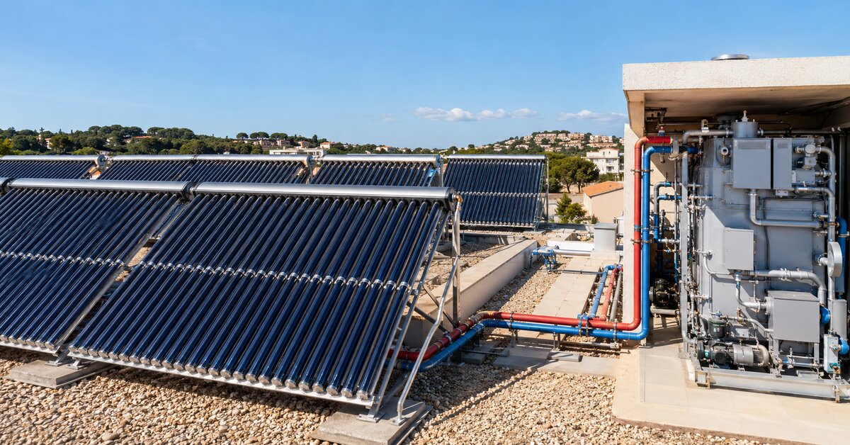Capteurs solaires thermiques à tubes sous vide reliés à une machine de climatisation par absorption.