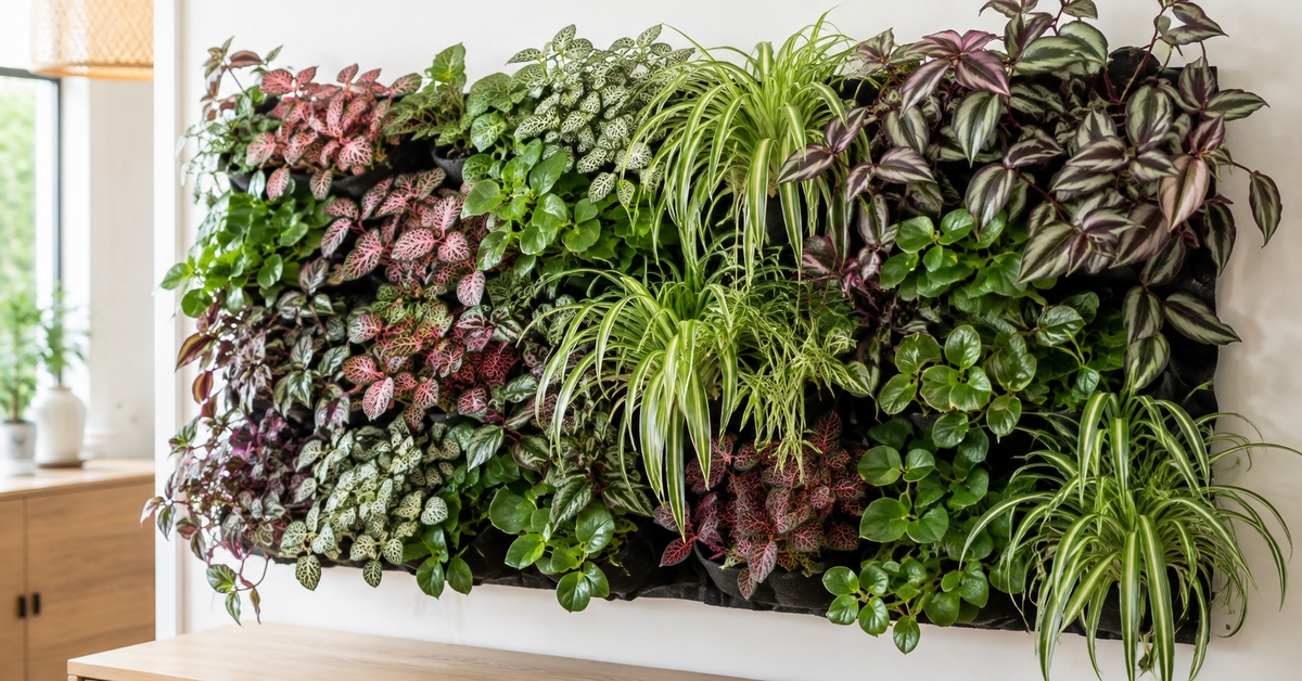 Mur végétal composé de fittonias, tradescantias, pépéromias et chlorophytums