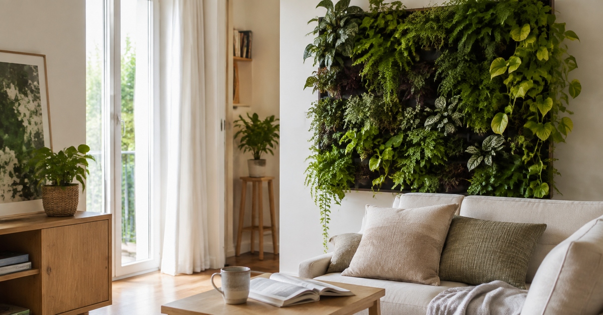Mur végétal luxuriant installé dans un salon lumineux