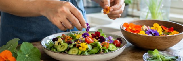 Préparation de repas aux fleurs comestibles