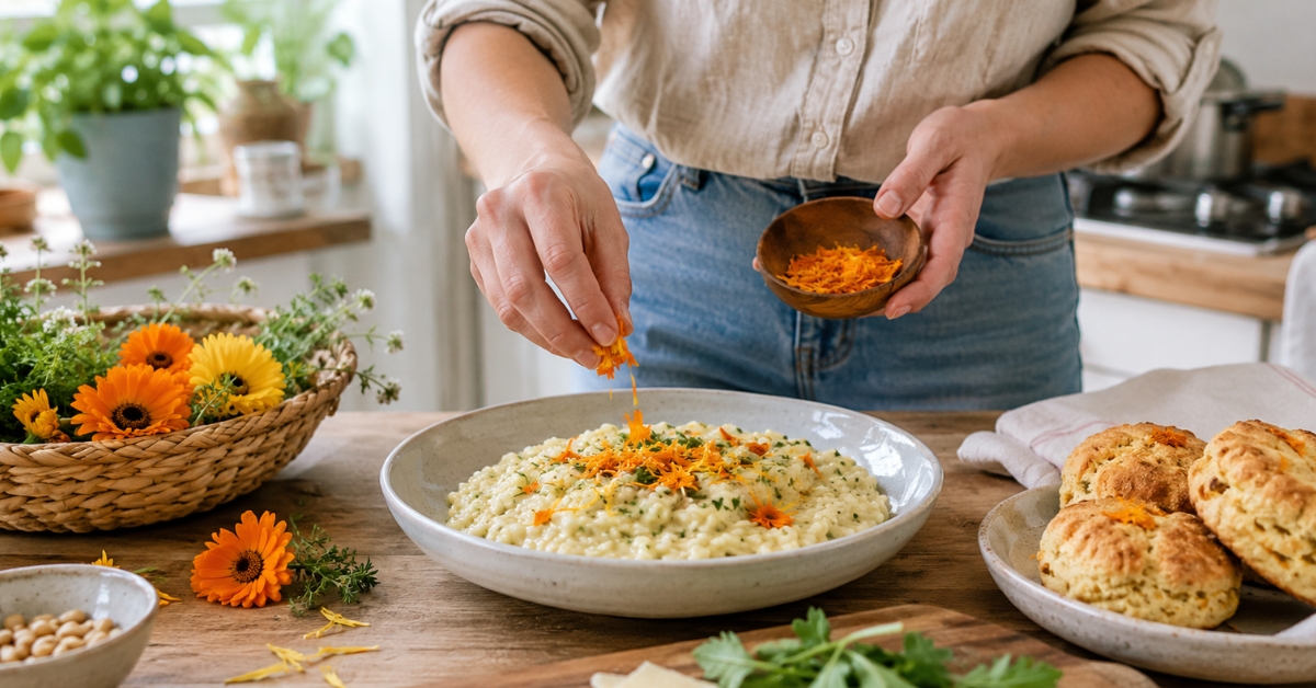 Préparation de repas aux fleurs comestibles