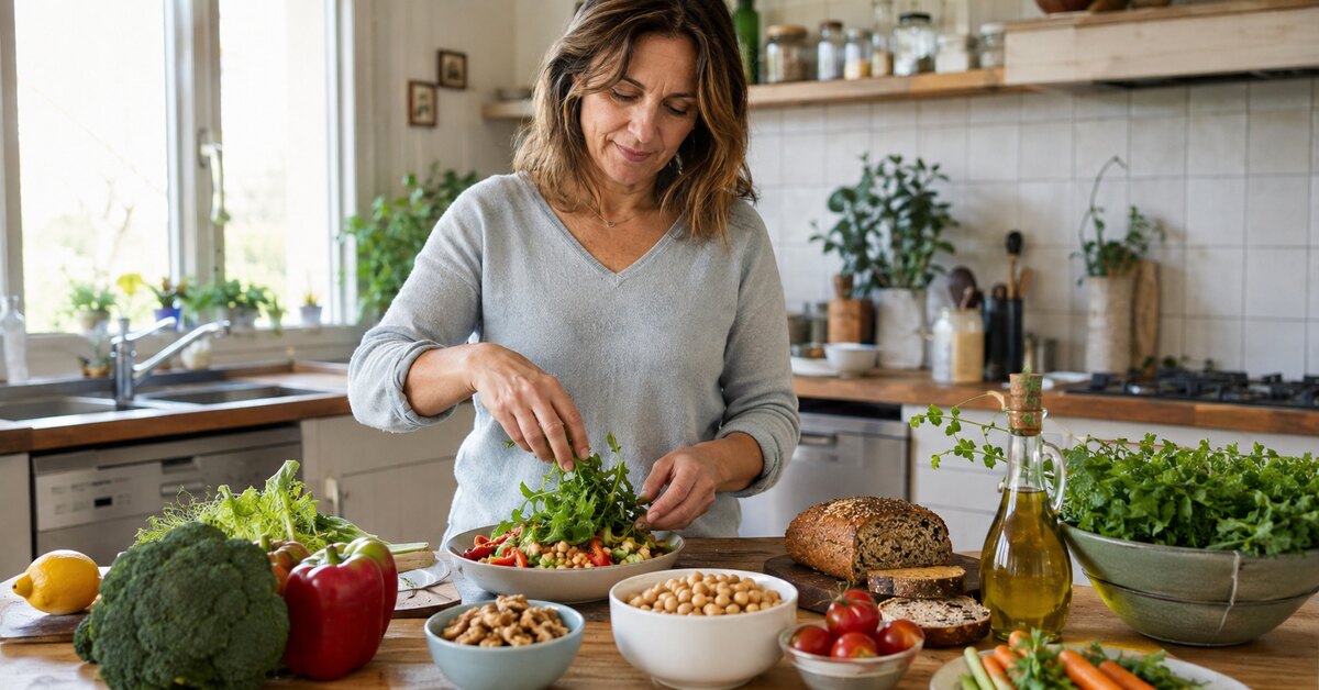 Femme préparant un repas équilibré avec des légumes, des noix, des pois chiches et de l'huile d'olive.