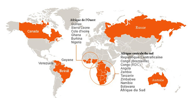 Carte des pays où l'exploitation des diamants crée des conflits