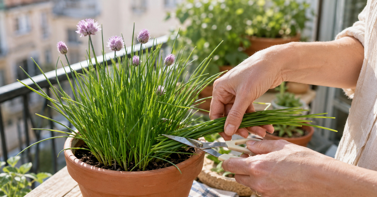 Récolte de ciboulette cultivée en pot sur un balcon