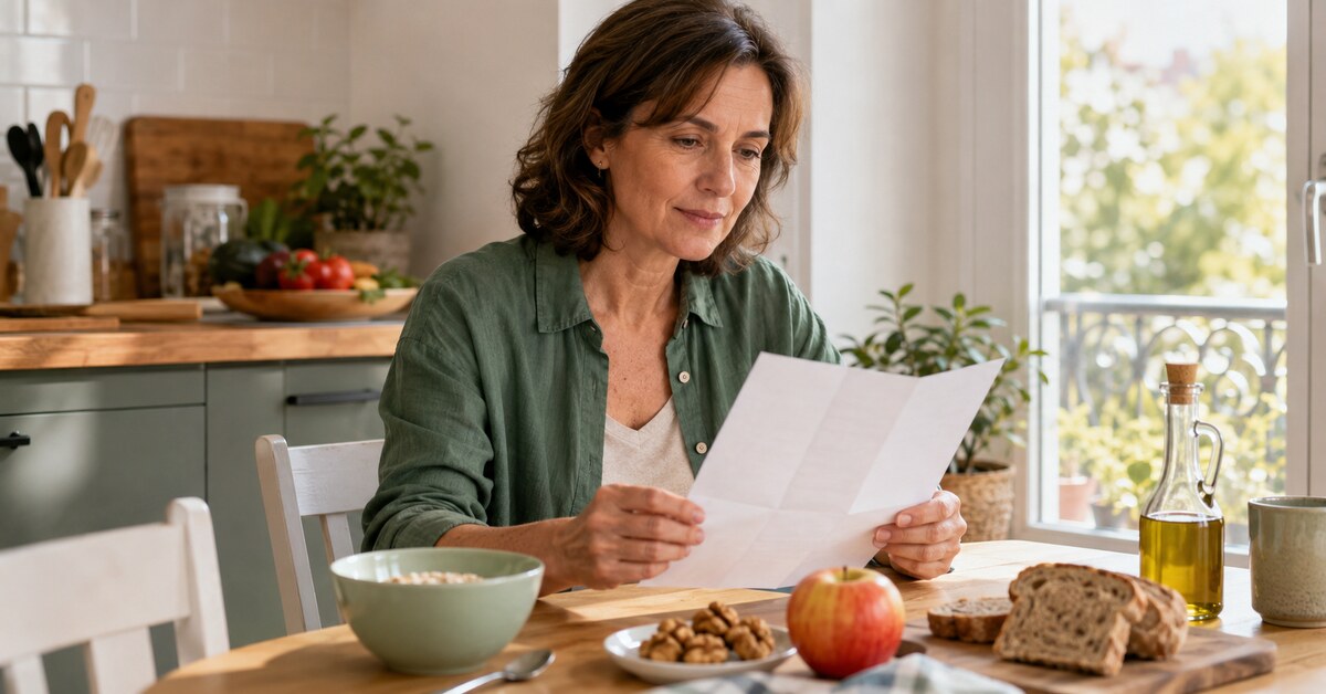 Femme consultant les résultats de son bilan de cholestérol dans une cuisine lumineuse, devant un petit-déjeuner équilibré