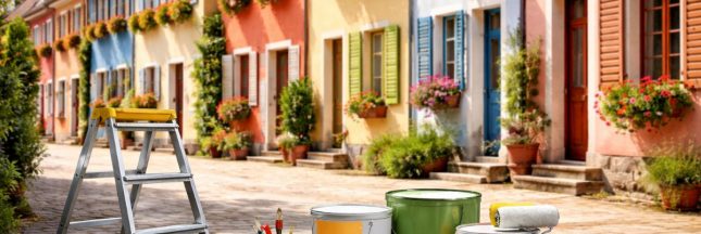 Maisons colorées et outils de peinture