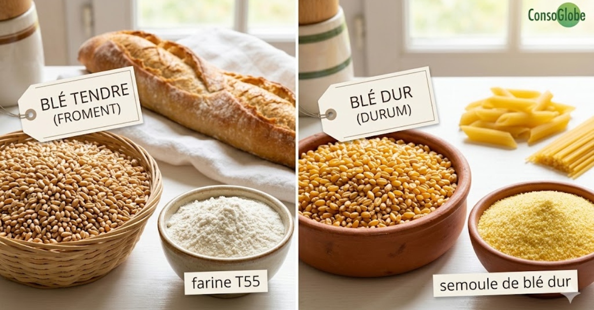 Comparatif visuel entre le blé tendre (froment) pour la farine et le pain, et le blé dur pour la semoule et les pâtes