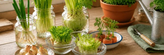 Faire repousser des légumes avec la méthode du regrowing dans une cuisine lumineuse