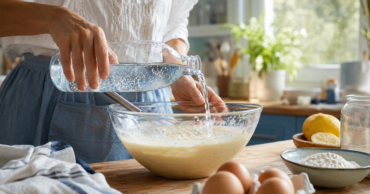 Eau pétillante versée dans une pâte à crêpes dans une cuisine lumineuse