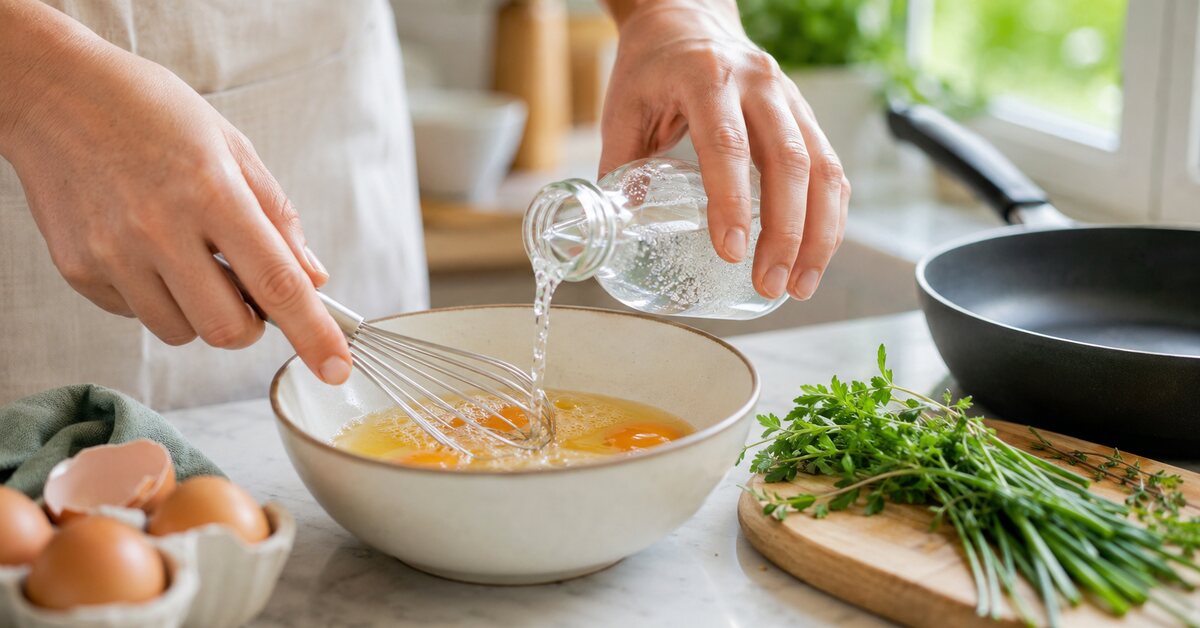Ajout d'eau pétillante dans des oeufs avant de battre une omelette
