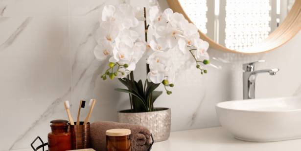 Une orchidée dans une salle de bain