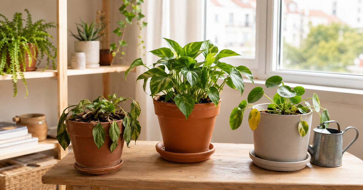 Trois plantes d'intérieur montrant les signes d'un manque et d'un excès