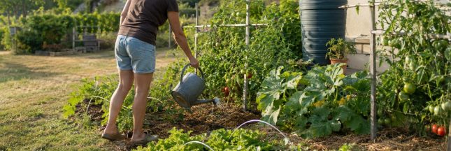 Arrosage ciblé d’un potager paillé avec de l’eau récupérée pendant une période de restriction