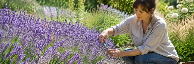 Femme taillant un massif de lavande en fleurs dans un jardin ensoleillé.