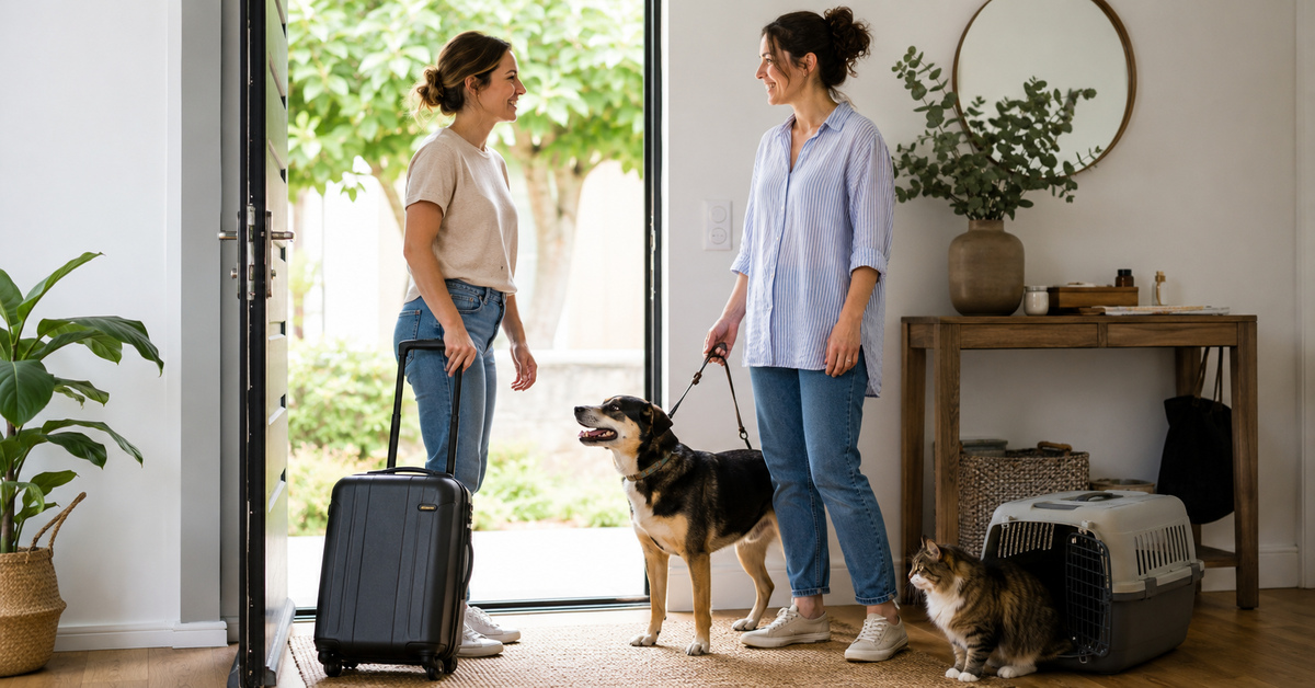Une propriétaire confie son chien et son chat à une pet-sitter avant de partir en vacances.