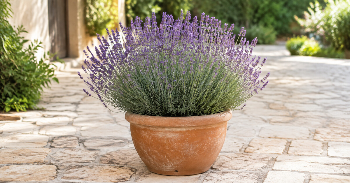 Belle lavande fleurie dans un pot en terre cuite posé sur une terrasse pavée ensoleillée.