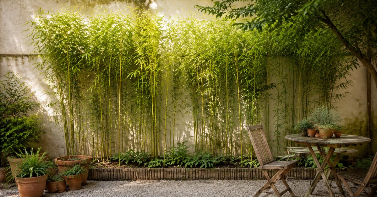 Mur de jardin végétalisé par une rangée de bambous devant une terrasse