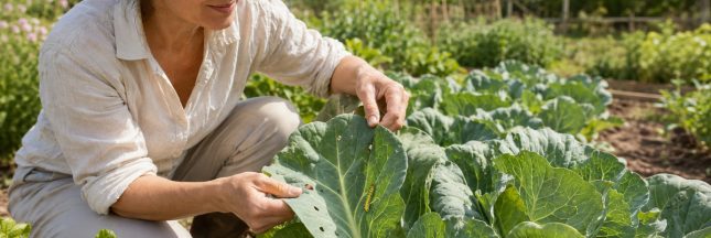 Jardinière inspectant une chenille de piéride sur une feuille de chou au potager