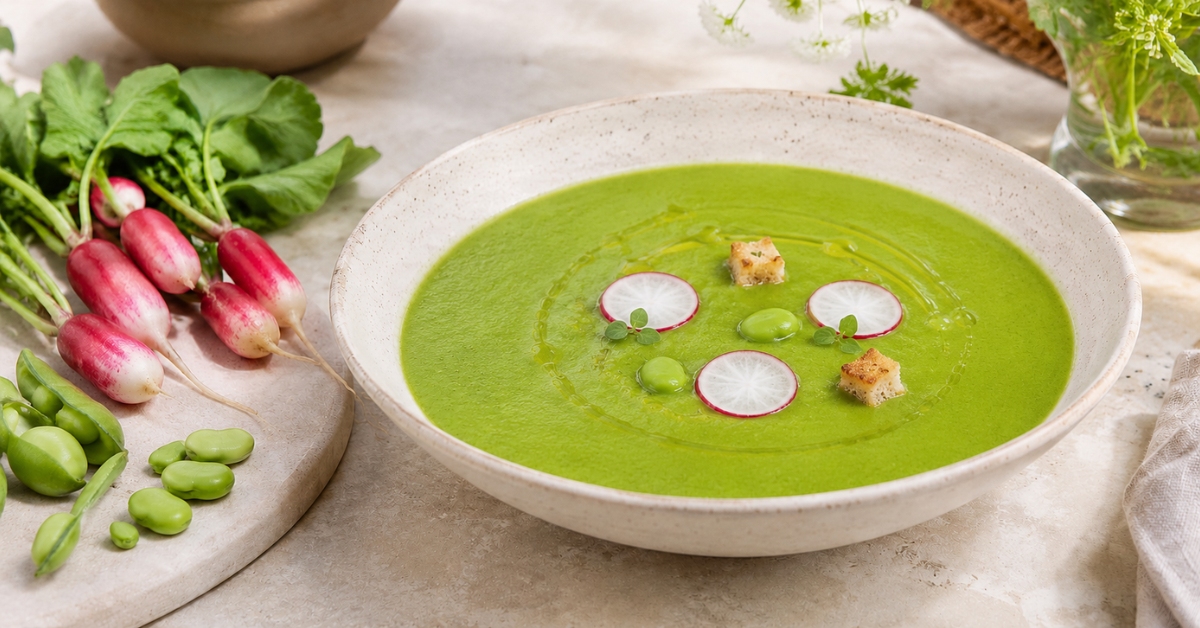 Gaspacho vert aux fanes de radis servi bien frais