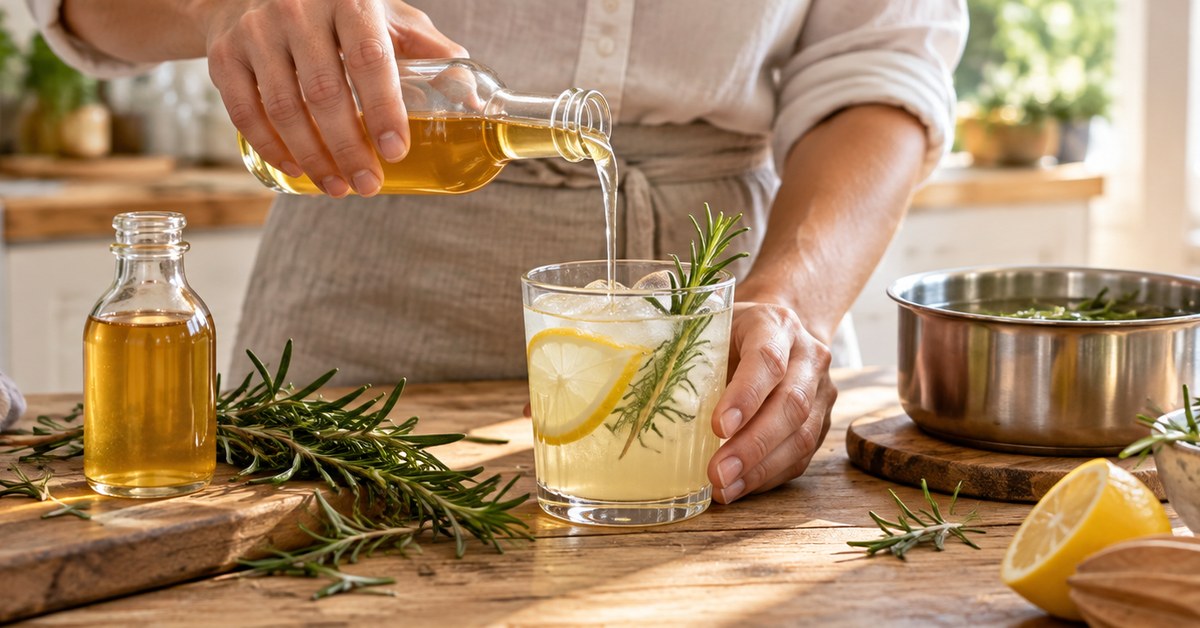 Une personne verse du sirop de romarin maison dans une limonade, dans une cuisine lumineuse.