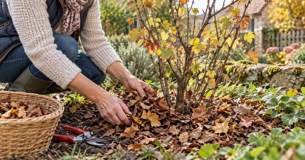 Un paillage de feuilles mortes aide à protéger le sol au pied du groseillier.