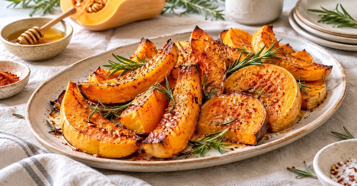 Courge rôtie au miel et au romarin, prête à partager.