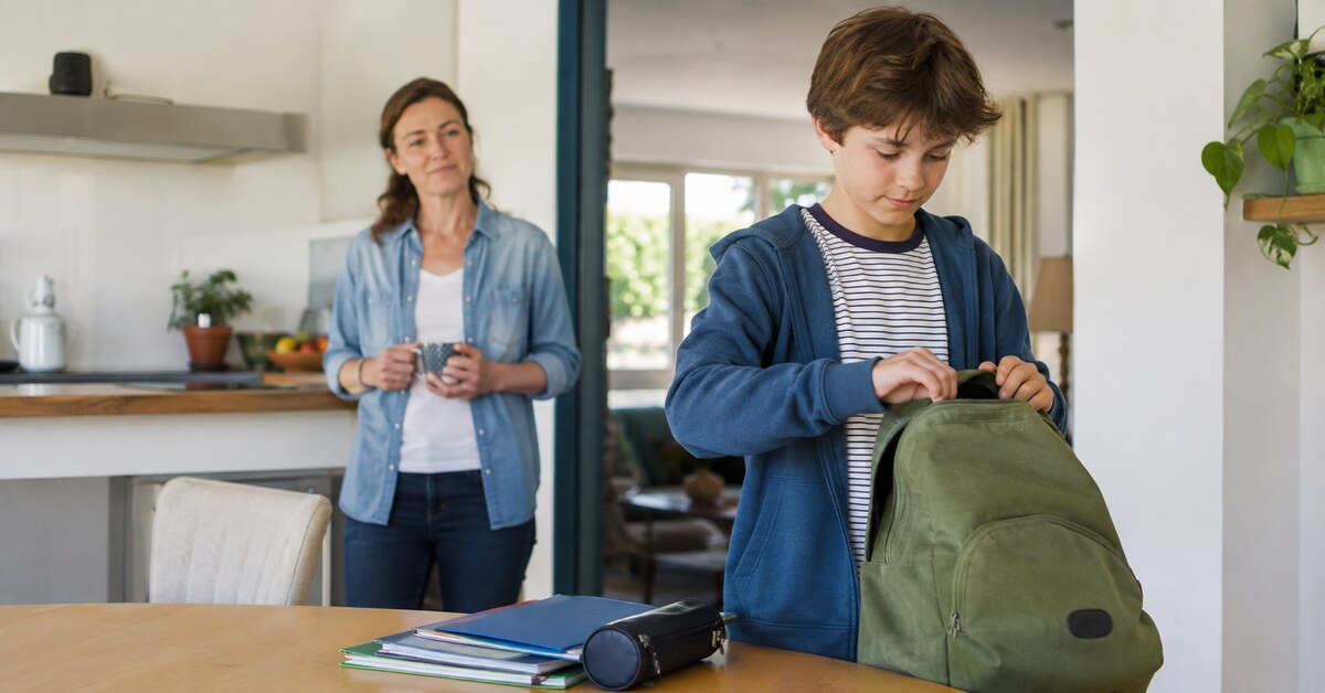 Un jeune collégien prépare son sac à dos sous le regard bienveillant de sa mère.