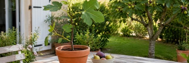 Jeune figuier cultivé en pot sur une table de jardin, près de figues fraîches et d’un sécateur