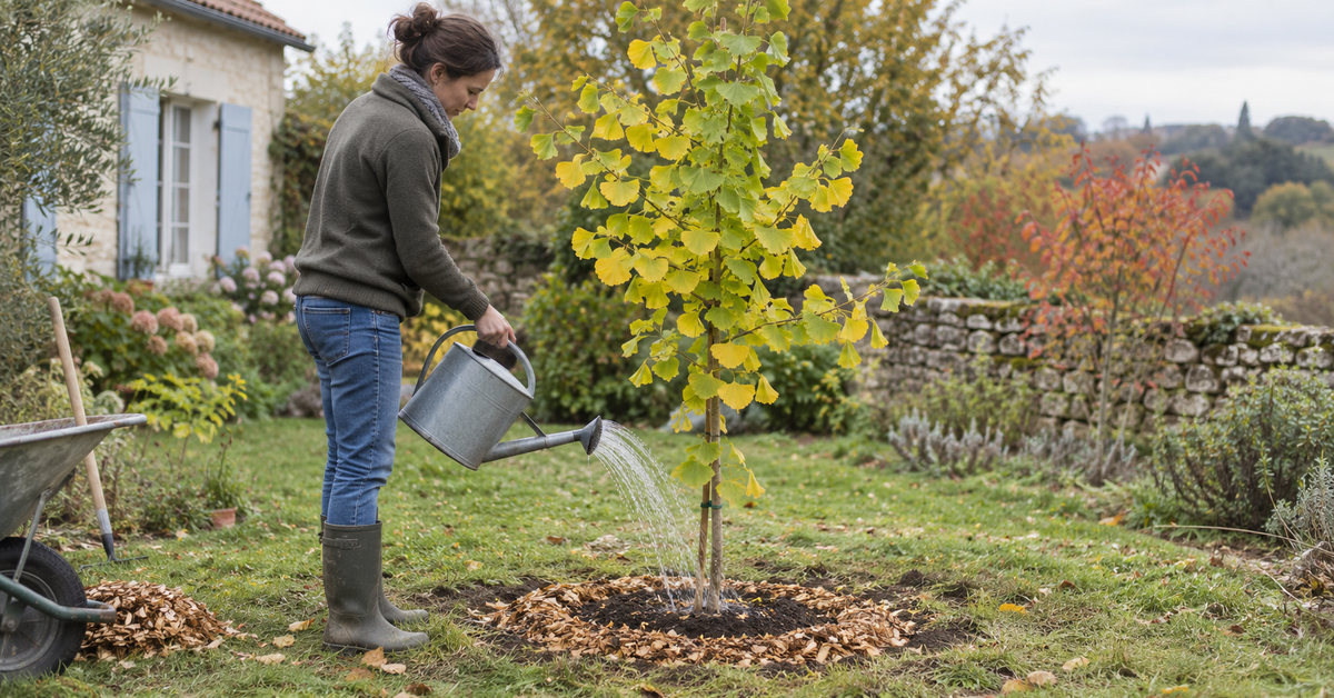 Un jeune ginkgo fraîchement planté, arrosé au pied.