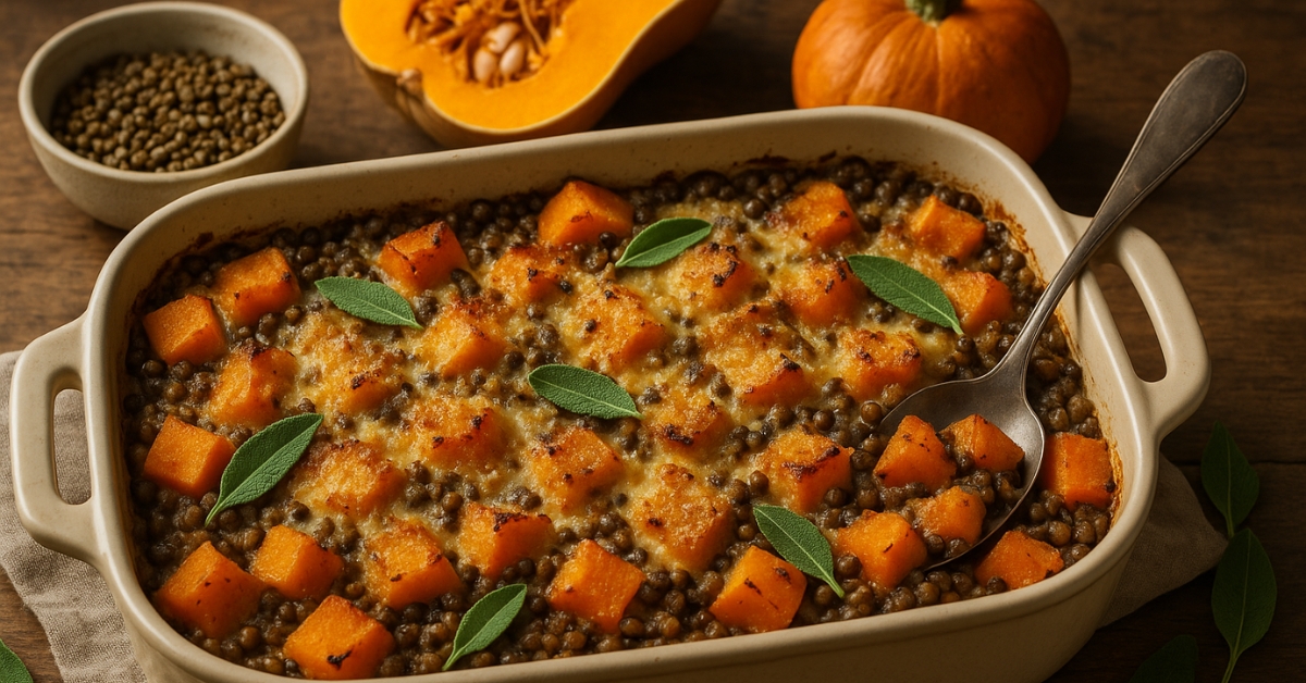 Gratin d'automne aux courges et lentilles, sauce béchamel à la sauge : un délice automnal Gratin d'automne aux courges et lentilles, sauce béchamel à la sauge : un délice automnal