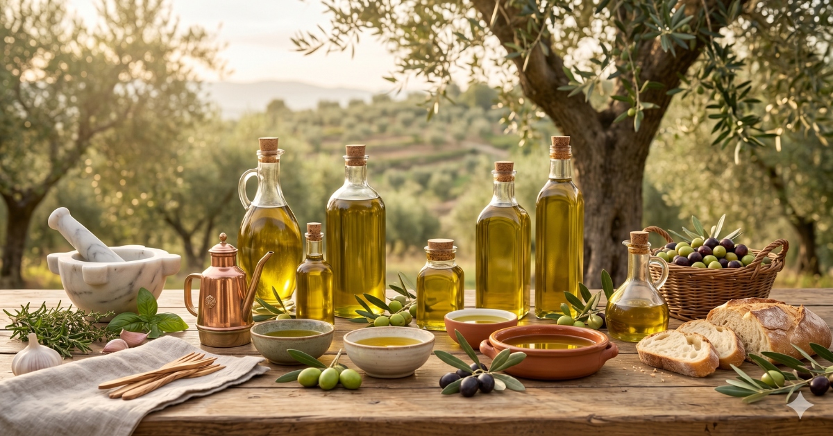 Bouteilles d'huile d'olive extra-vierge, bols et olives fraîches sur une table en bois dans un olivier