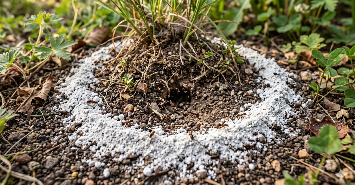 Cercle de terre de diatomée blanche déposé autour d'une entrée de nid de fourmis dans la terre d'un jardin