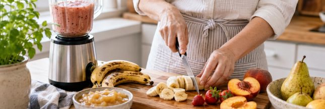 Femme préparant un smoothie et une compote avec des fruits trop mûrs dans une cuisine lumineuse