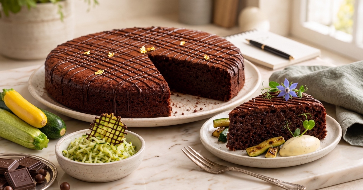 Gâteau au chocolat moelleux accompagné d'une courgette et d'un bol de courgette râpée.