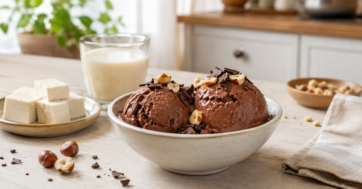 Glace tofu-chocolat maison accompagnée de tofu soyeux et de lait de soja