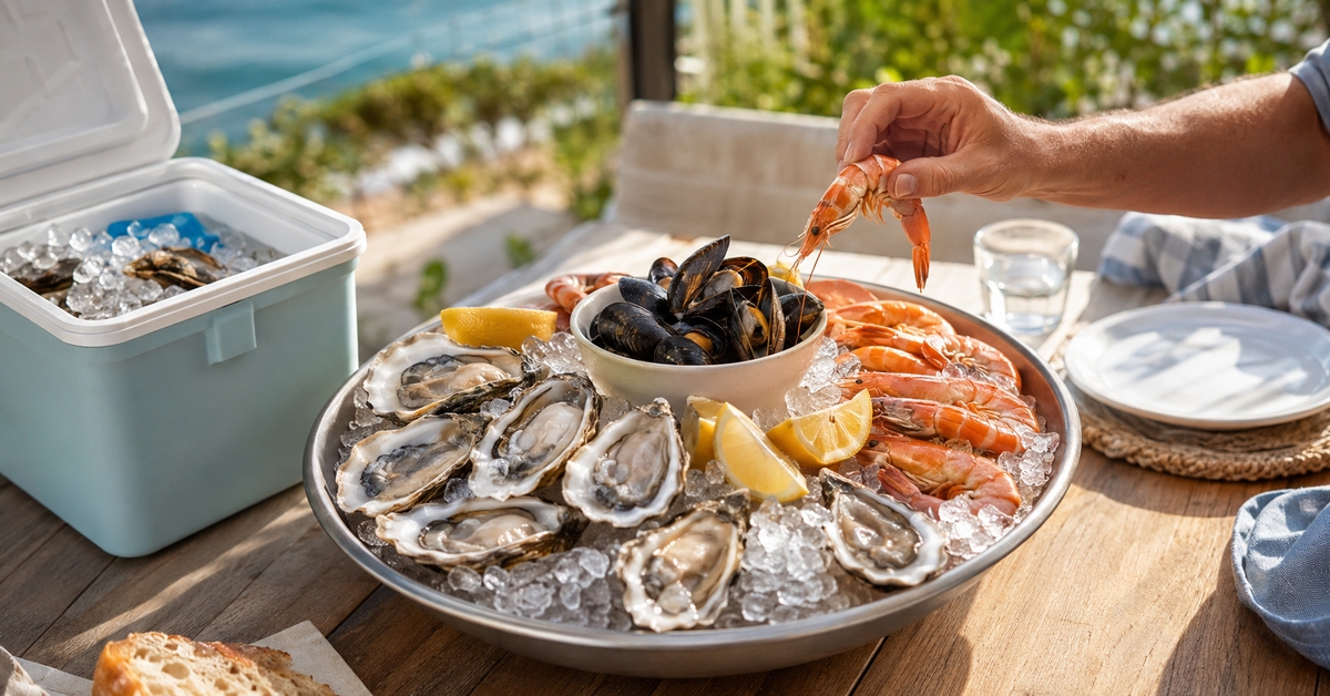 Plateau d'huîtres, de moules et de crevettes conservé sur de la glace près d'une glacière en été.