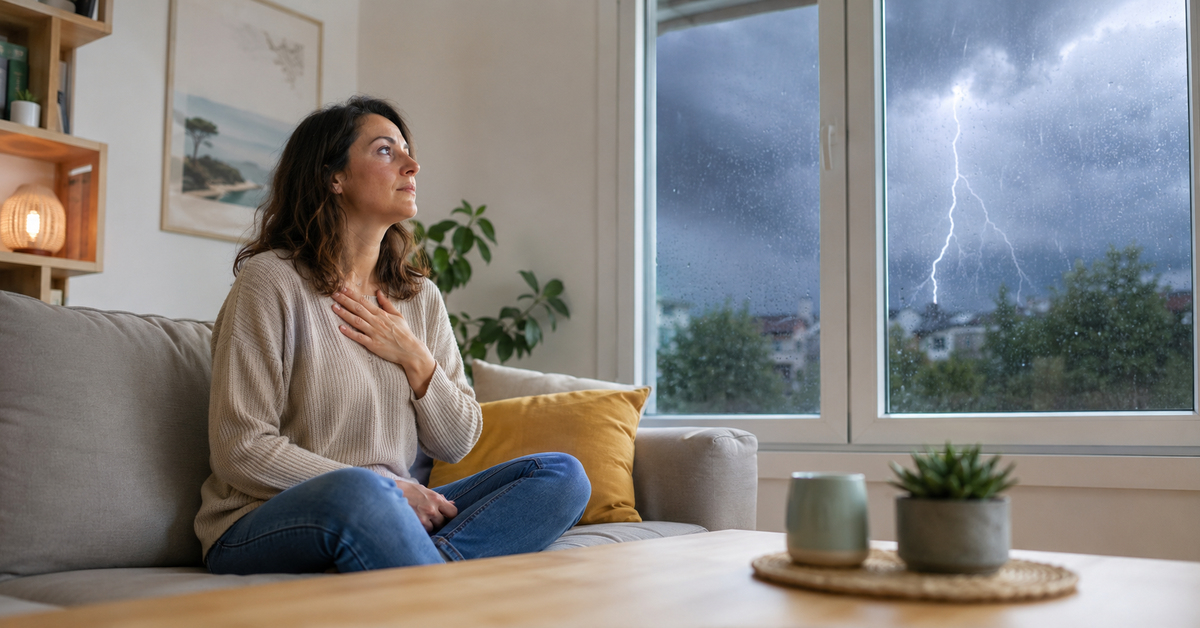 Femme assise dans son salon essayant de calmer sa peur tandis qu'un orage éclate dehors.