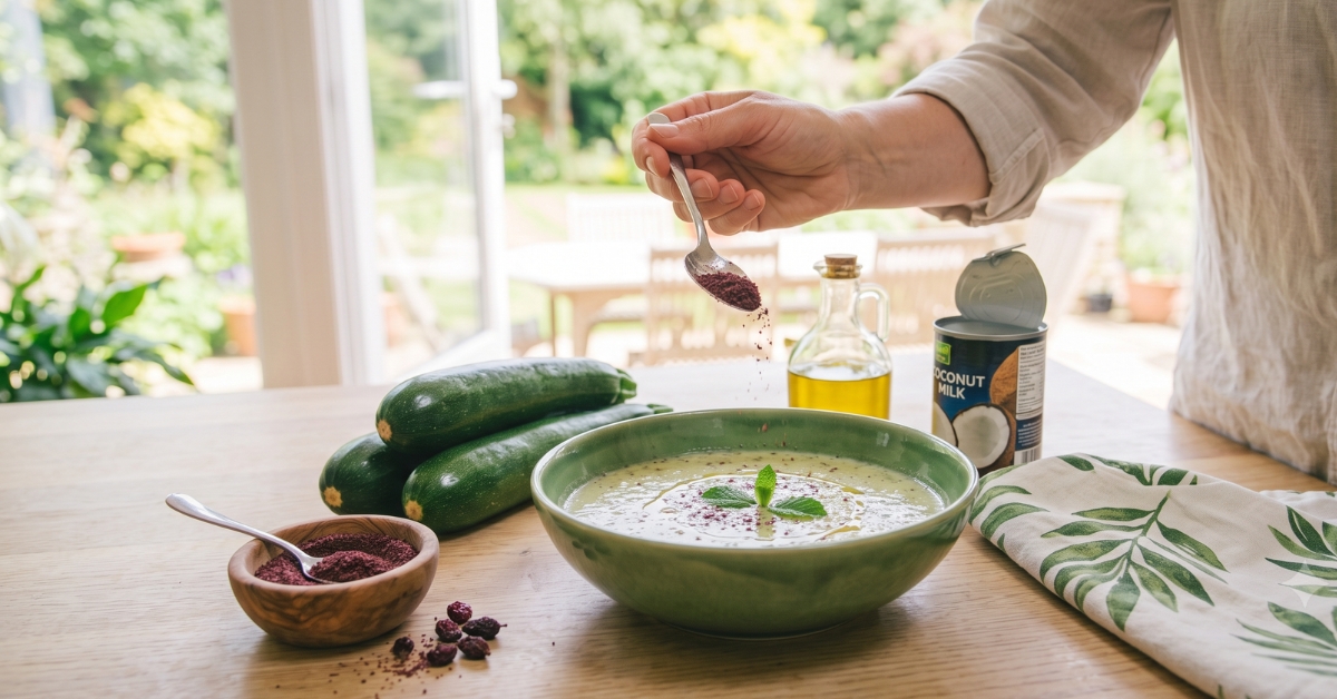 Soupe froide à la courgette, lait de coco et sumac