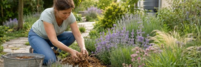 Une femme dépose du paillis dans un jardin fleuri composé de plantes résistantes à la sécheresse.