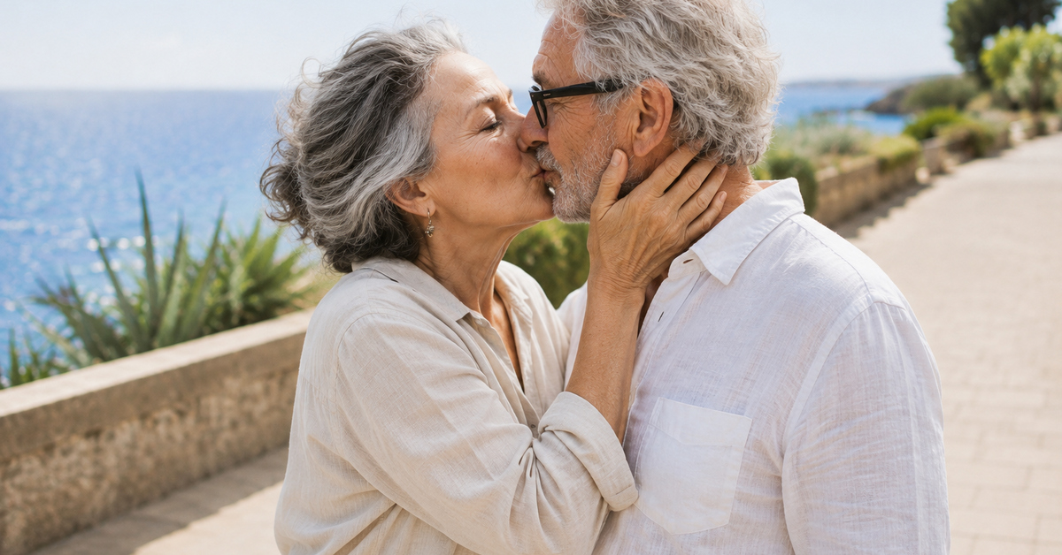 Couple aux cheveux gris échangeant un baiser tendre sur une promenade en bord de mer.