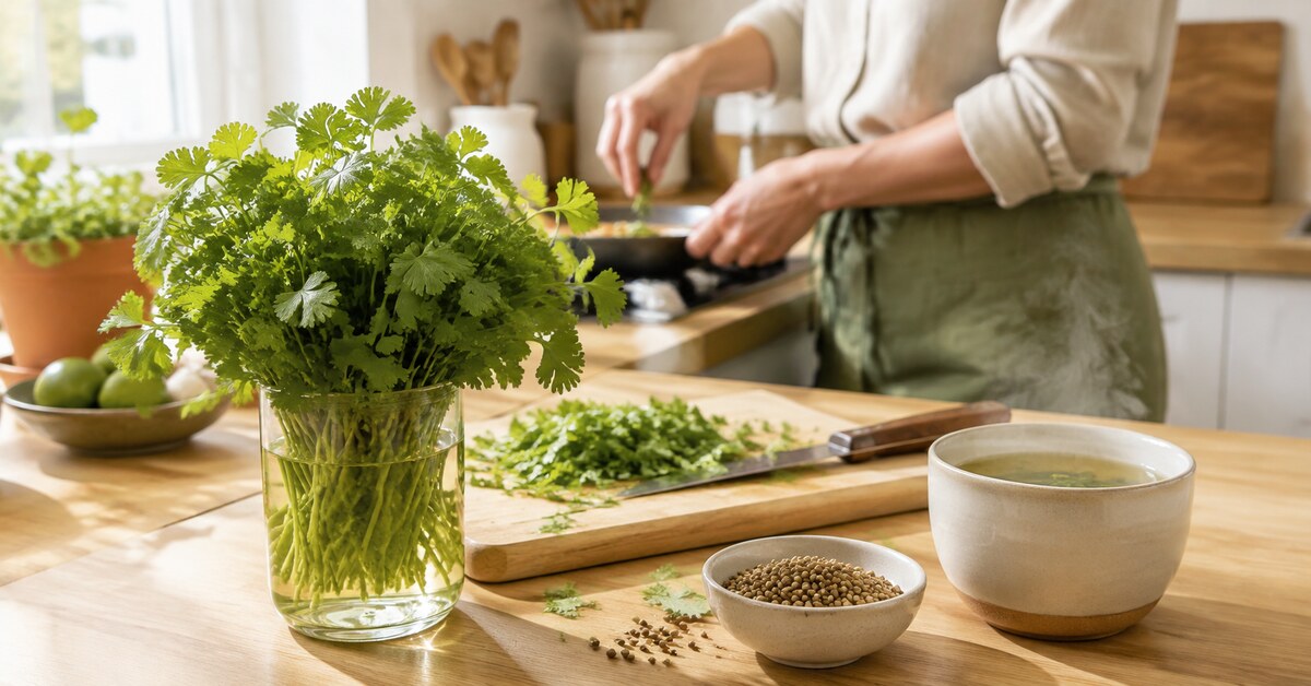 Bouquet de coriandre fraîche, graines et infusion dans une cuisine lumineuse.
