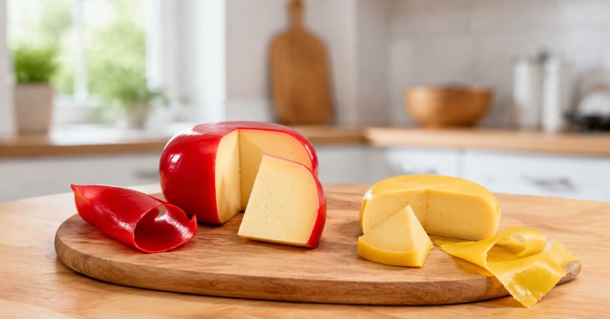 Fromages de type gouda avec leurs enveloppes artificielles rouges et jaunes en cire ou paraffine retirées.
