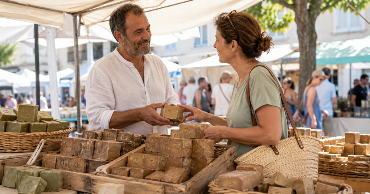 Une cliente achète un pain de savon d'Alep auprès d'un vendeur sur un marché artisanal.