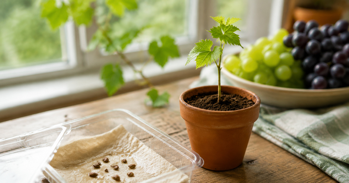 Pépin de raisin en germination et jeune pied de vigne en pot près d'une fenêtre