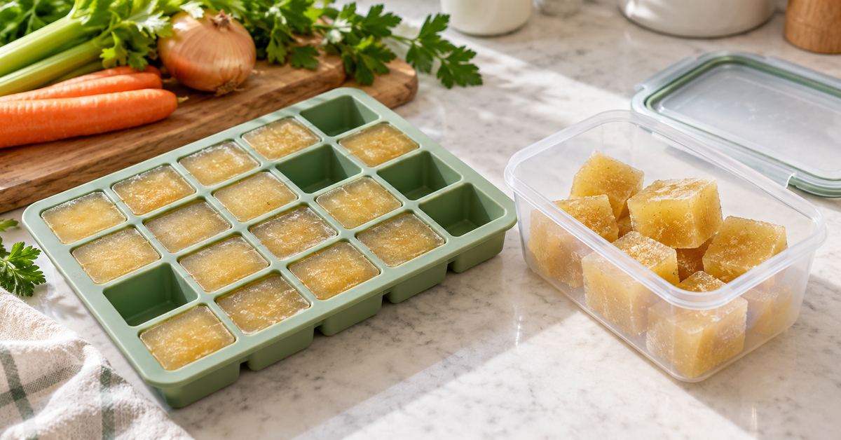 Cubes de bouillon de légumes congelés dans un bac à glaçons vert et une boîte de congélation transparente.