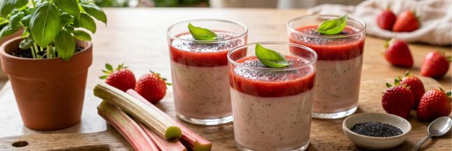 dessert à la fraise, basilic, rhubarbe