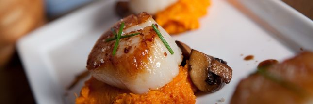 Coquilles Saint-Jacques poêlées à la purée de patate douce et champignons
