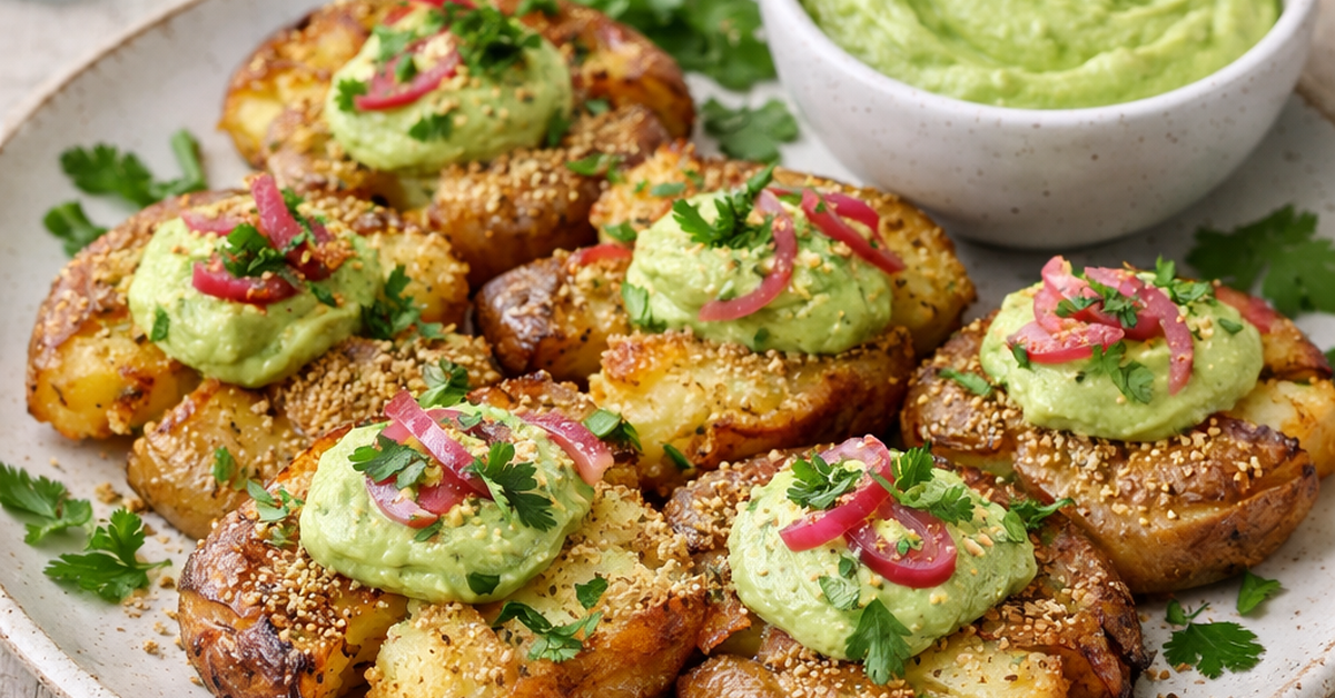 Recette vegan. Pommes de terre écrasées à l’aïoli aux avocats Recette vegan. Pommes de terre écrasées à l’aïoli aux avocats