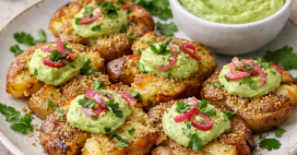 Recette vegan. Pommes de terre écrasées à l’aïoli aux avocats Recette vegan. Pommes de terre écrasées à l’aïoli aux avocats